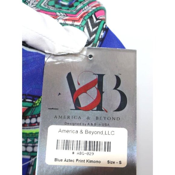 Blue Aztec Kimono Neon Tassels America & Beyond Lightweight Open Front Sz S Boho - Picture 2 of 8